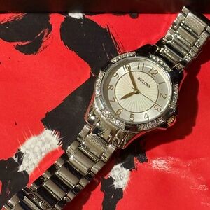 Bulova Women's Silver Tone Crystal Accent Watch with White Dial